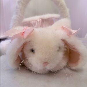 Plush furry White and Pink Bunny basket with handle